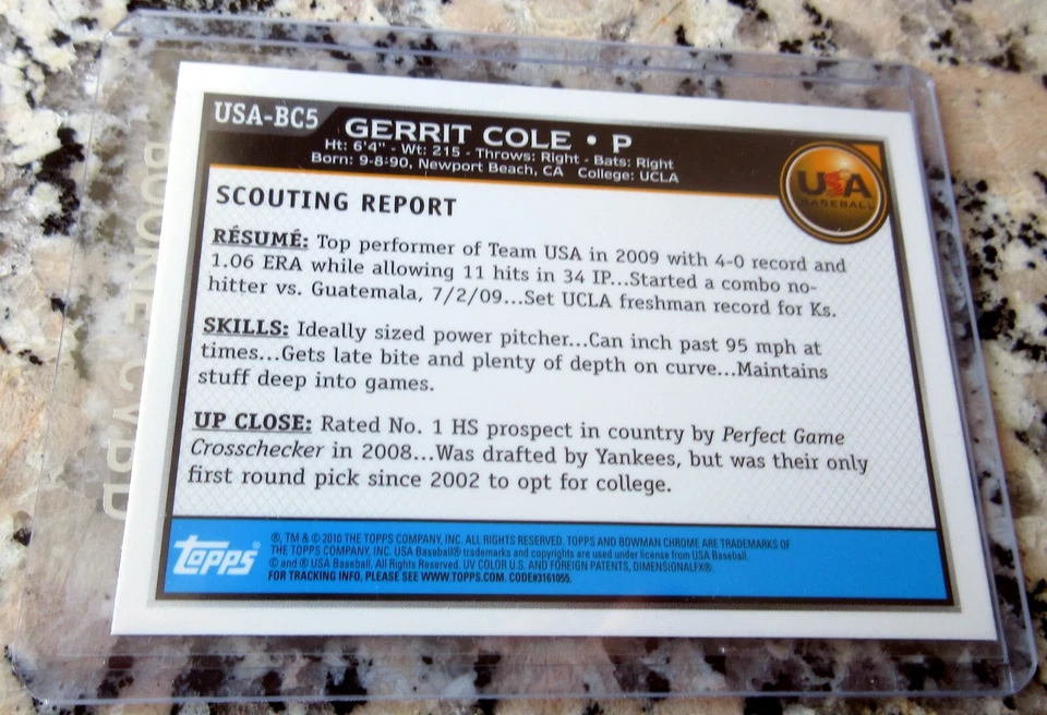 GERRIT COLE 2010 Bowman Chrome #1 Draft Pick 1st TRUE Rookie Card RC Yankees🔥$$ - Image 2 of 2