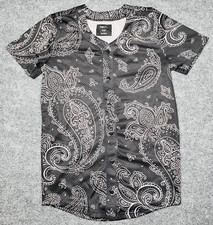 Rue21 Jersey Shirt Mens M Black Paisley Short Sleeve Button Up Collarless New