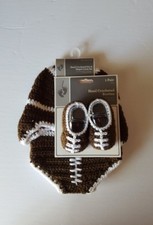 NWT-Hand Crocheted Hat, Diaper Cover  Booties Set 0-3 mo. Football Theme