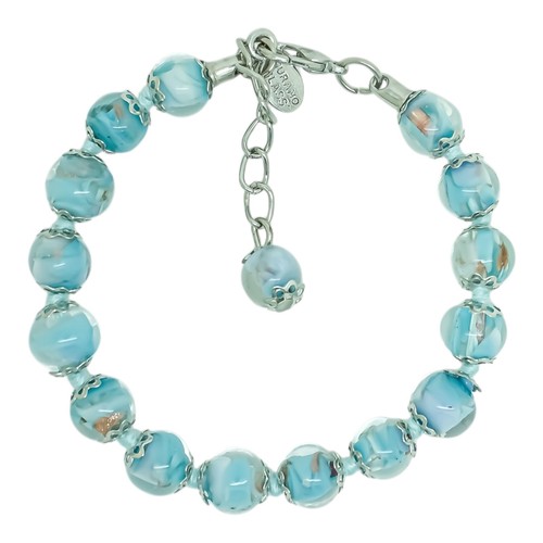 Murano Glass Bracelet Light Blue Bronze White Handmade Venice 15 Beads Sommerso - Picture 2 of 6