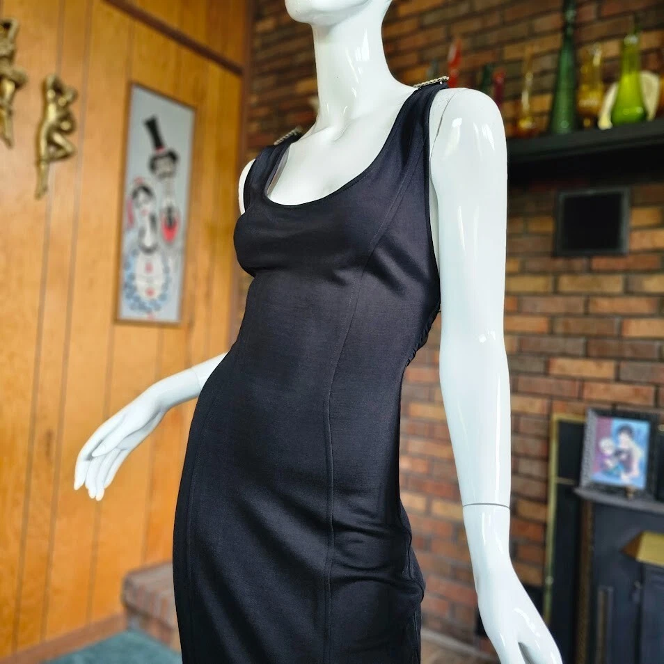 Vtg 80s Blk Mermaid Bandage Chiffon Waterfall Backless Dress Evening Ball Gown M - Image 3 of 4