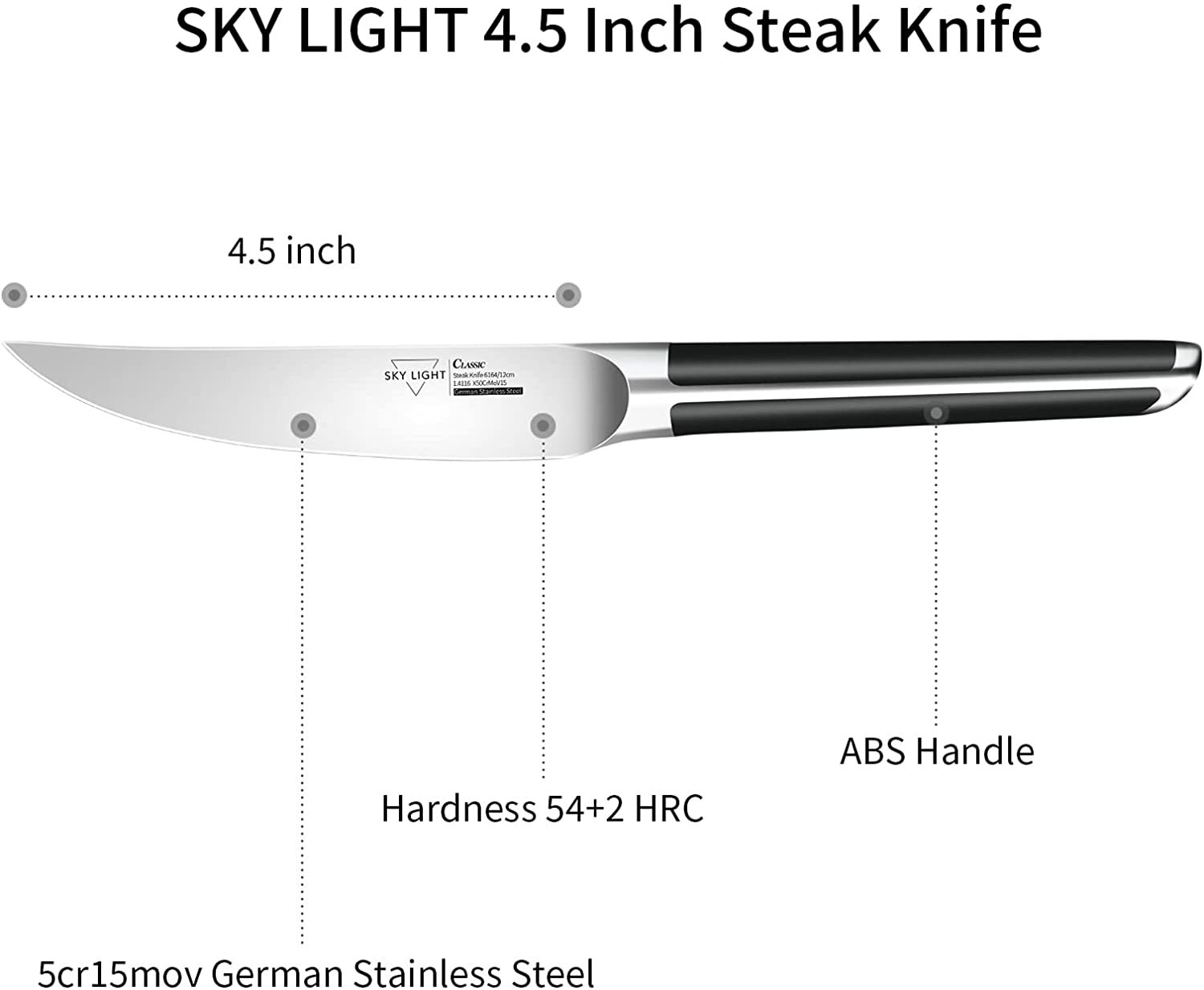 SKY LIGHT Steak Knives, 4.5 Inch Nonserrated Steak Knife Set, 4Piece