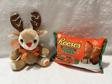 REESE’S Peanut Butter Cups-Reindeer W/Logo Ribbon Plush+ Reese’s PB Trees Pillow