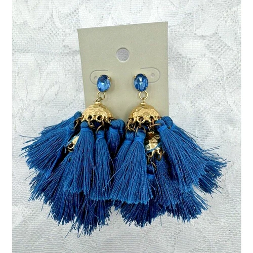 BP Nordstrom Blue Tassel Earrings Crystal New With Tags Gold Tone