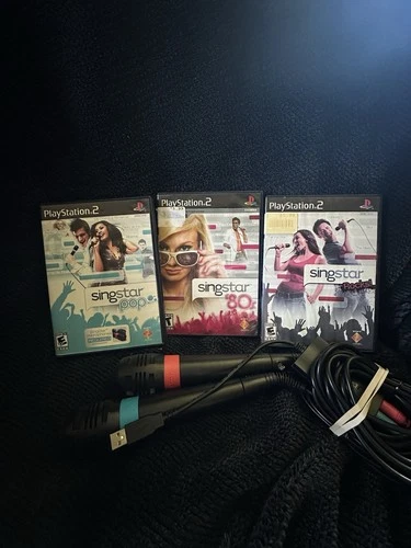 Sony Playstation 2 PS2 SingStar Bundle, 2 Microphones & 3 Games - Works Fine