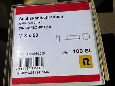 Sechskantschrauben M8x50mm Maschinenschrauben 100St. DIN931 8.8  / H2Breg4