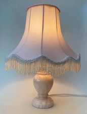 Vintage Pink Alabaster Table Lamp With Fringed Gallery Bell Shade