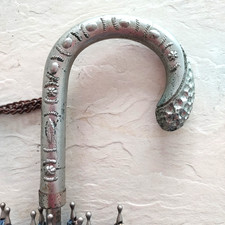 Rare Vintage Umbrella Blue Folky Design Forged Aluminum Handle USA