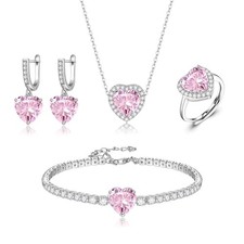 3/4 Pcs Heart Jewelry Set for Women, Cubic Zirconia Pendant Heart-Pink