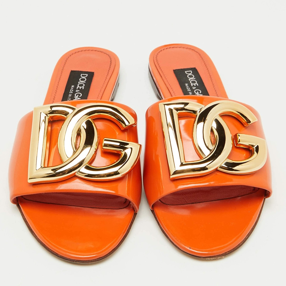 Dolce Gabbana Orange Patent Leather DG Logo Flat Slide Sandals