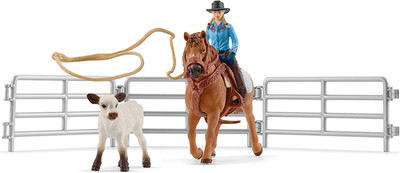 Farm World Rodeo Roping Playset - Cowgirl Rodeo Rider Figurine with Cow, Pen, an