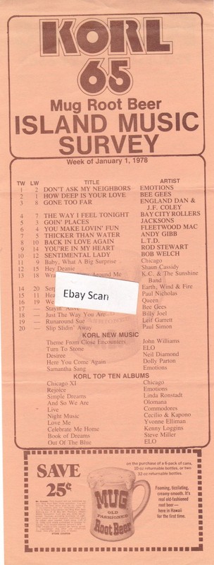 KORL Honolulu HI Top 40 Radio Music Survey 1-1-78