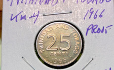 1966 Trinidad and Tobago 25 cents, proof uncirculated. Coin #1660. Free Shipping