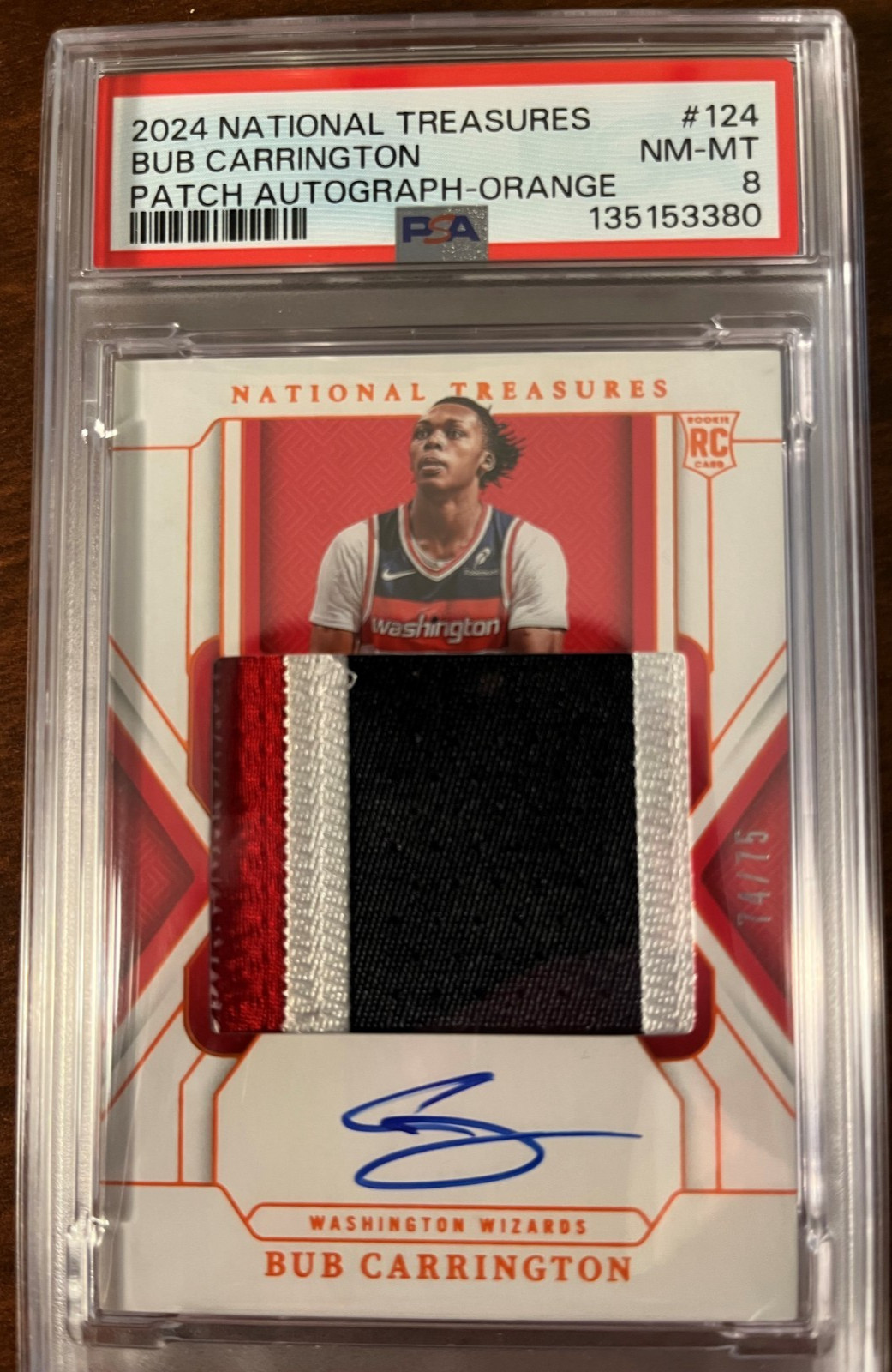 2024 NATIONAL TREASURES PATCH AUTO-ORANGE #124 BUB CARRINGTON 74/75 PSA 8