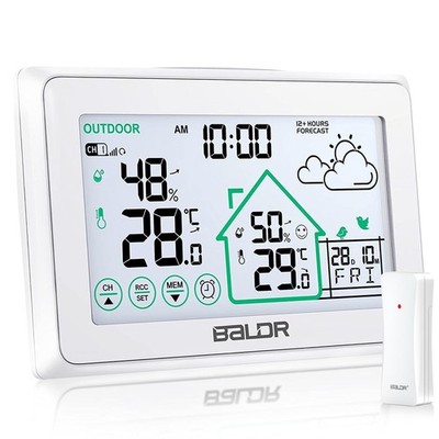 BALDR Wetterstation Funk mit Außensensor Hygrometer Thermometer DCF Uhr weiß