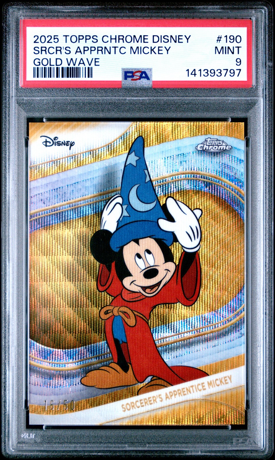 2025 TOPPS CHROME DISNEY GOLD WAVE #190 SORCERER'S APPRENTICE MICKEY 16/50 PSA 9