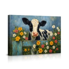 Cute Cow Wall Art Canvas Poster Farmhouse Style Floral Fence Scene Decor