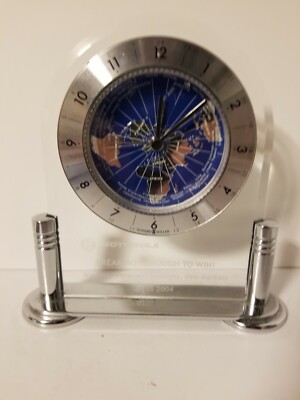 HOWAR MILLER WORLD ACRYLIC ARCHED DESK CLOCK DISCOVERER VERSION MOTOROLA 2004