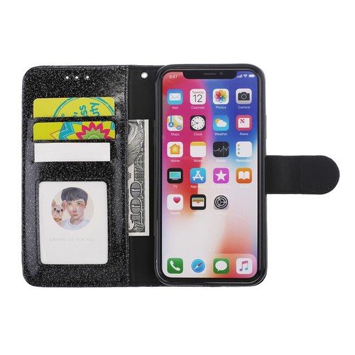 Etui Portefeuille Paillettes Carte Cuir Clapet Housse pour iPhone 16e/15/14/13/12/11 SE 8 - Photo 16 sur 34