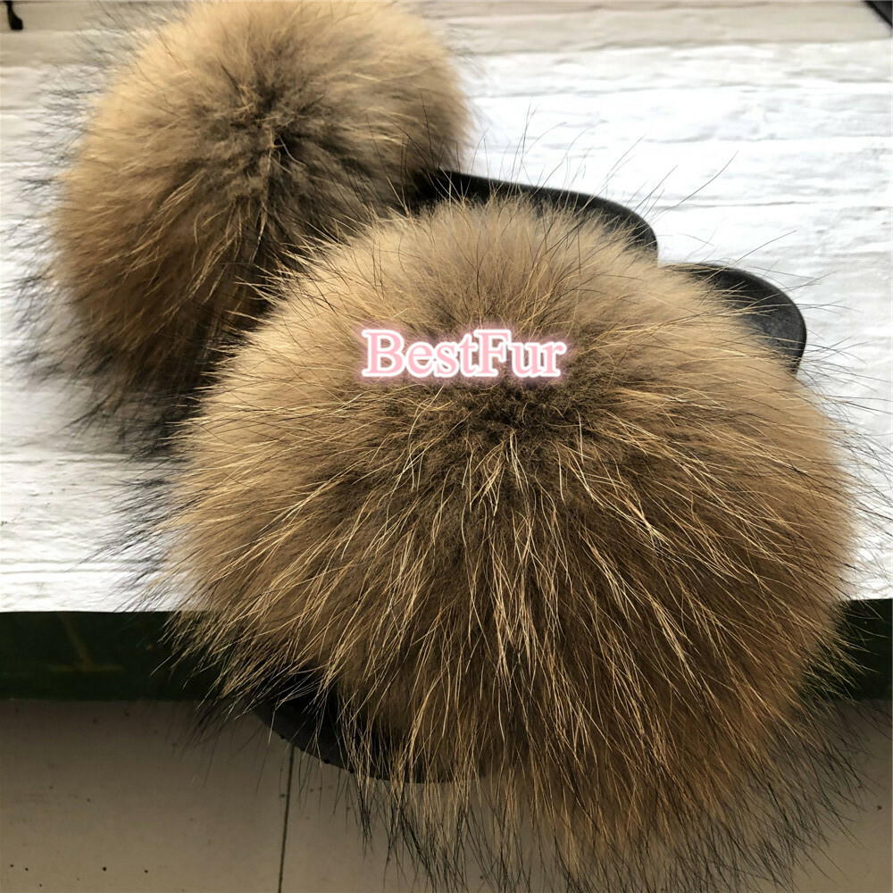 SAOLA Ciabatte ciabatte scarpe basse Max Large XXL vera pelliccia di procione marrone naturale