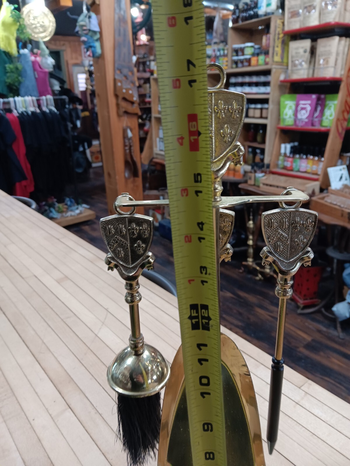 Vintage Brass Fireplace Tool Set w/ Stand – 3 Pc 17.5" Tall Crest Handles