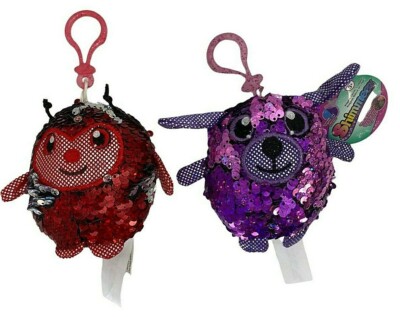 Shimmeez Sequin Plush Ladybug Backpack Key Clip Red Silver Purple Dog Toy