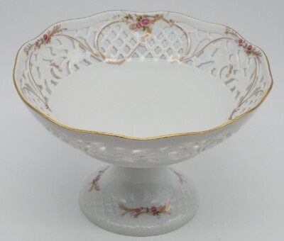 1990 Oscar de la Renta Footed Candy Dish Gold Trim-Rose Pattern-Cut Out Border 