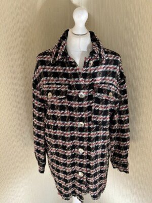 BNWT Size Small S Zara Textured Boucle Check Overshirt Shacket Jacket Black  Red UK