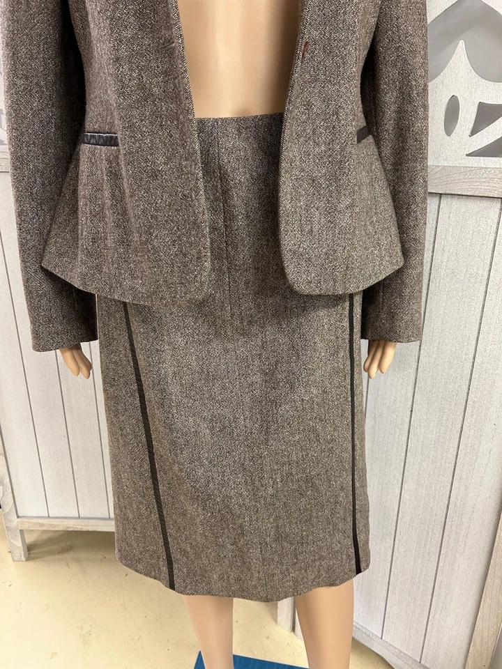 Conjunto de traje falda de tweed marrón City DKNY mezcla de lana talla 10 ribete de cuero sintético Foto 4 de 4