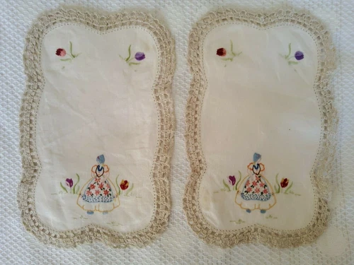 Pair Vintage Hand Embroidered Doileys Dutch Girls Clogs Tulips Linen