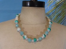 Necklace with Green  White Glass Beads, White, Aqua,  Translucent Beads 21"