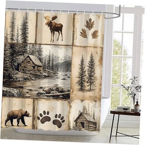 Rustic Cabin Shower Curtain Country Lodge Bear Deer Moose Forest Wildlife