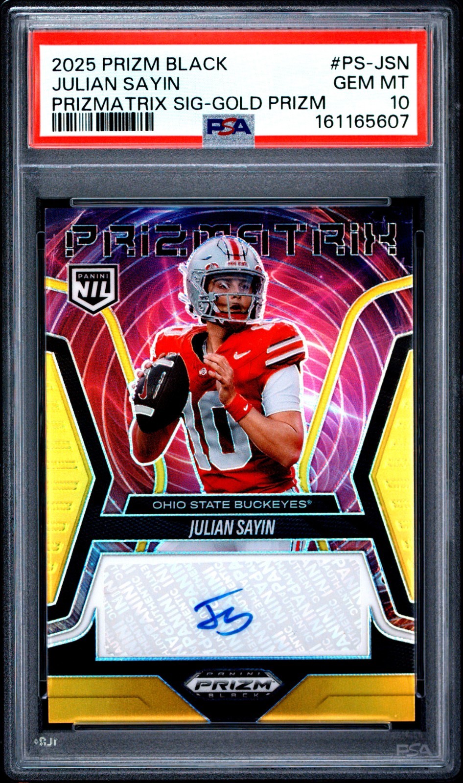 Julian Sayin 2025 Panini Prizm Black Gold Prizmatrix Auto 2/10 #PS-JSN, PSA 10