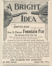Magazine Ad - 1898 - Parker Fountain Pens - Janesville, WI - Lucky Curve
