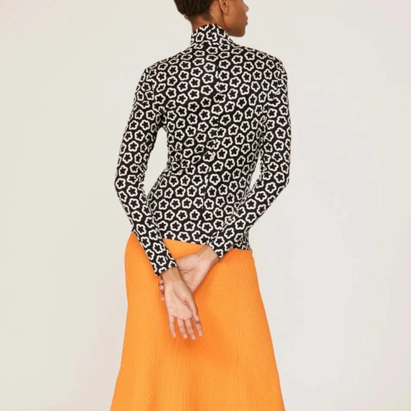 Топ Tory Burch черный белый цветок размер 8 обтяжку длинным рукавом Mockneck шелк $448 - Изображение 3 из 4