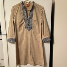 Tory Burch Size 2 Cotton Beige Dress with Black and White Patterned Accents