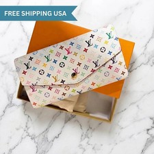 Louis Vuitton White Multicolor Takashi Sarah Long Wallet pink interior W/Box Fre