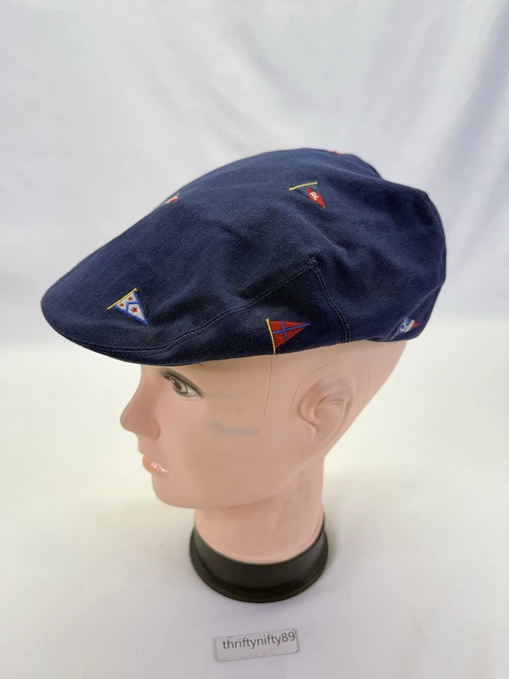 Rugby Ralph Lauren Navy Flags Embroidered Drivers Cap Hat VTG  Newsboy Viscose - Image 2 of 4