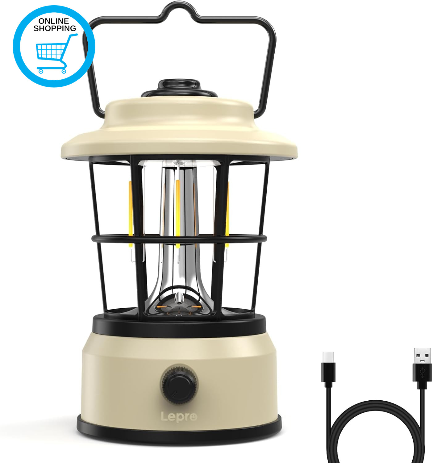 Rechargeable Camping Lantern, 300LM Retro Camping Tent Light with Knob Control,