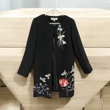 Tahari Elegant Black Long Blazer with Floral Embroidery – Open Front Statement J