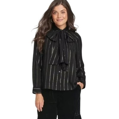 Universal Thread Women's Long Sleeve Tie Front Bow Blouse Black Striped Small