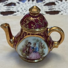 Limoges Mini Porcelain Teapot w/ Lid Floral Burgundy Gold White