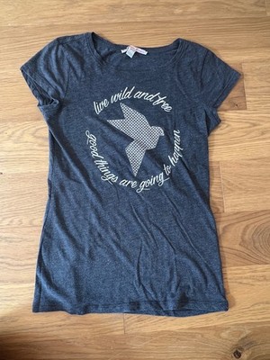 Damen T-Shirt XS 34 Dunkelgrau mit Print  Live wild and free  | getragen
