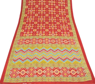Sushila Vintage roter Sari 100 % reine Baumwolle Ikat bedruckt tägliche Kleid... - Bild 1 von 4