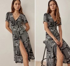 Reformation Locklin Dress Newsprint New York Times MIDI Short Sleeve Black 6