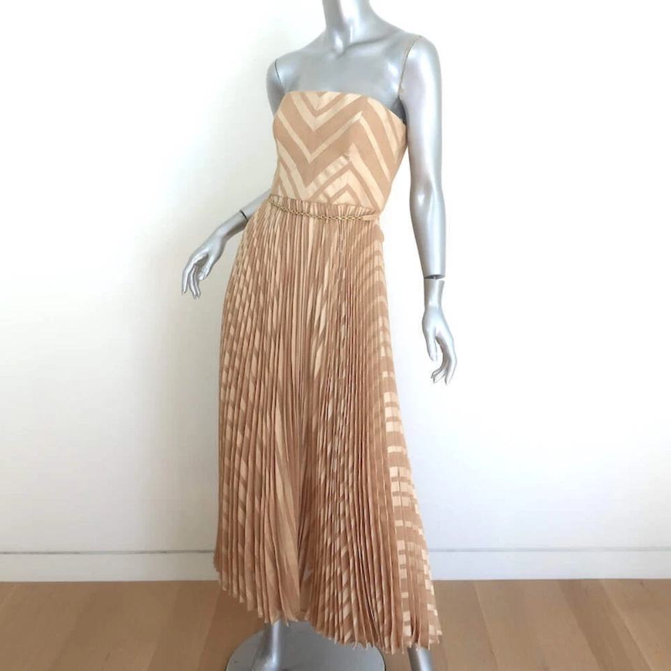 Zimmerman Burnout Strapless Pleated Midi Dress Gold Twill Size 2 - Imagem 3 de 4