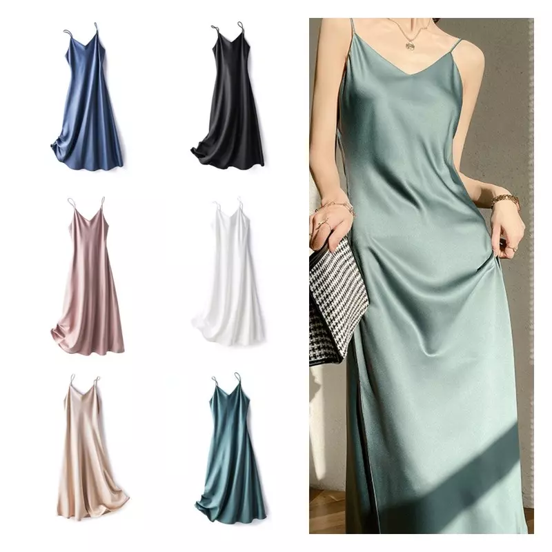 Women Satin Faux Silk Dress Strappy Underdress Nightdress Sexy A-line Long