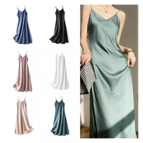 Damen Satin Kunst Seide Kleid Träger Unterkleid Nachthemd Sexy A-Linie Lang - Bild 1 von 12