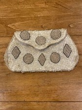 CHARLET Clutch Evening Bag Purse Vintage Beaded Ivory Pearl Zipper Elegant Japan