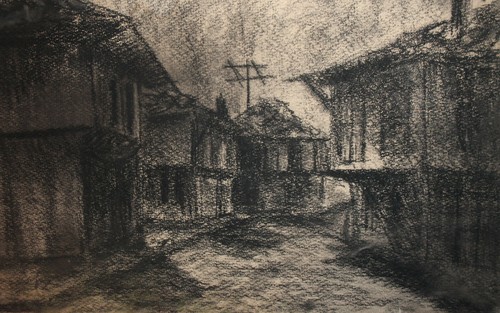 Antique impressionist charcoal painting cityscape village - Picture 5 of 12